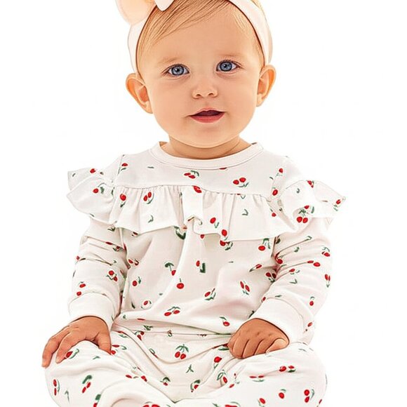 BADGLEY MISCHKA White Cherry Cozy Ruffle Crewneck and Jogger Set - Size 3M to 6M - Picture 3 of 11